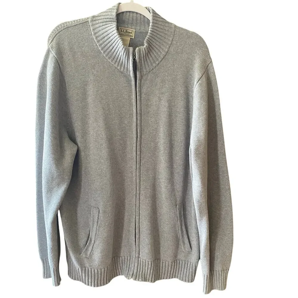 L.L. Bean Sweater Cardigan Full Zip 100% Cotton Gray Mens Size Large